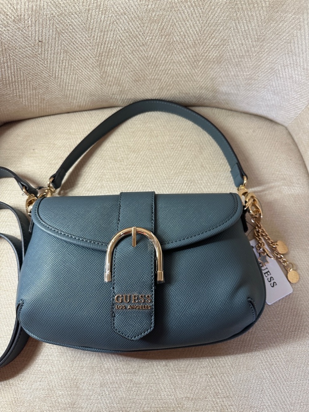 Guess Dark Denim Color Crossbody Saddle Bag with Gold Hardware - Picture 7 of 10